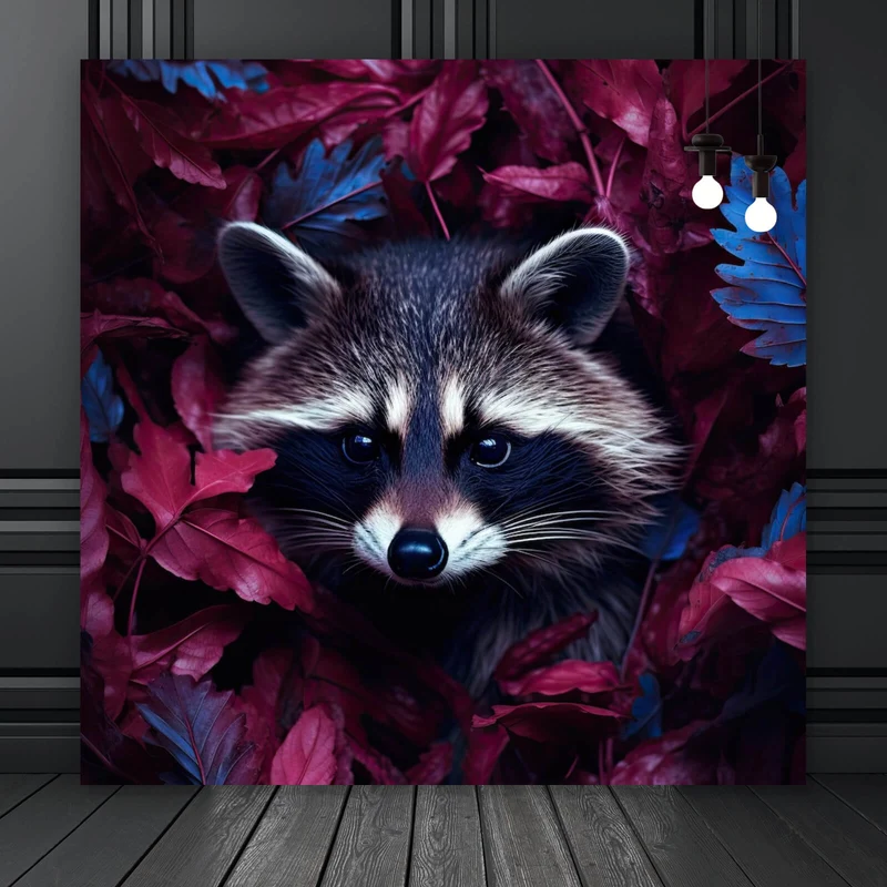 Aluminiumbild Waschbär zwischen Blättern Quadrat
