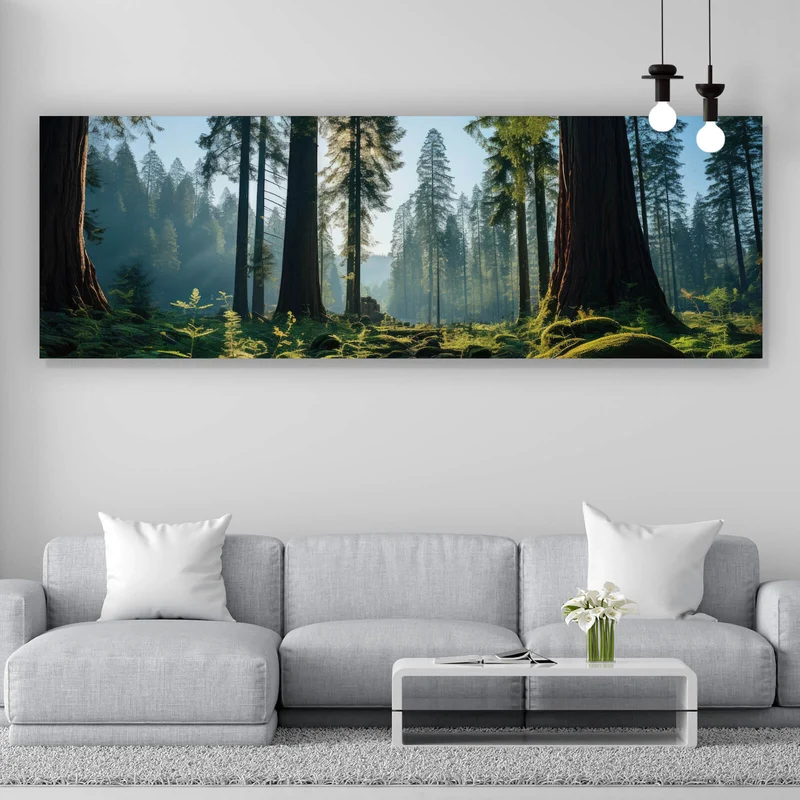 Poster Beeindruckender Wald mit Bäumen in der Sonne Panorama