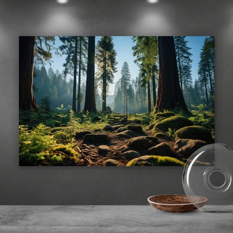Acrylglasbild Beeindruckender Wald mit Bäumen in der Sonne Querformat