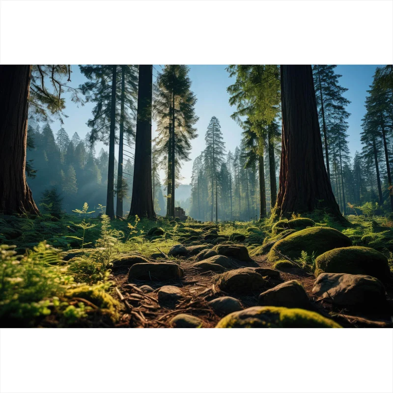 Aluminiumbild gebürstet Beeindruckender Wald mit Bäumen in der Sonne Querformat