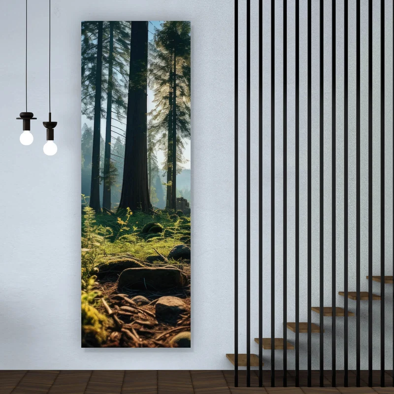 Spannrahmenbild Beeindruckender Wald mit Bäumen in der Sonne Panorama Hoch