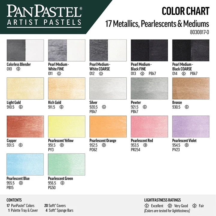 Golden PanPastel Set of Metallic and Pearl Pastels and Mediums, 17 Pieces