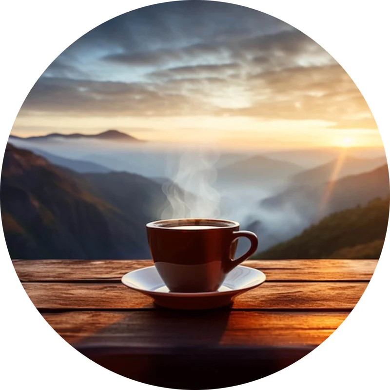 Aluminiumbild gebürstet Entspannte Berglandschaft mit Kaffee am Morgen Kreis