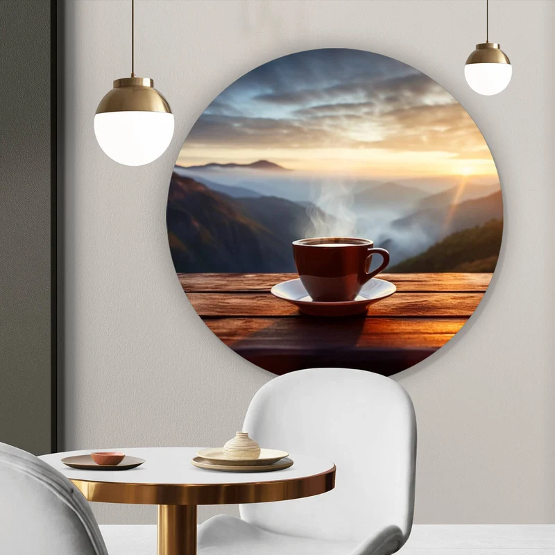 Aluminiumbild Entspannte Berglandschaft mit Kaffee am Morgen Kreis