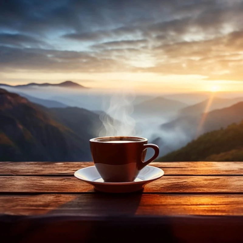 Spannrahmenbild Entspannte Berglandschaft mit Kaffee am Morgen Quadrat