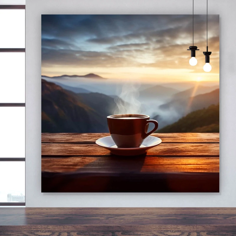 Aluminiumbild Entspannte Berglandschaft mit Kaffee am Morgen Quadrat