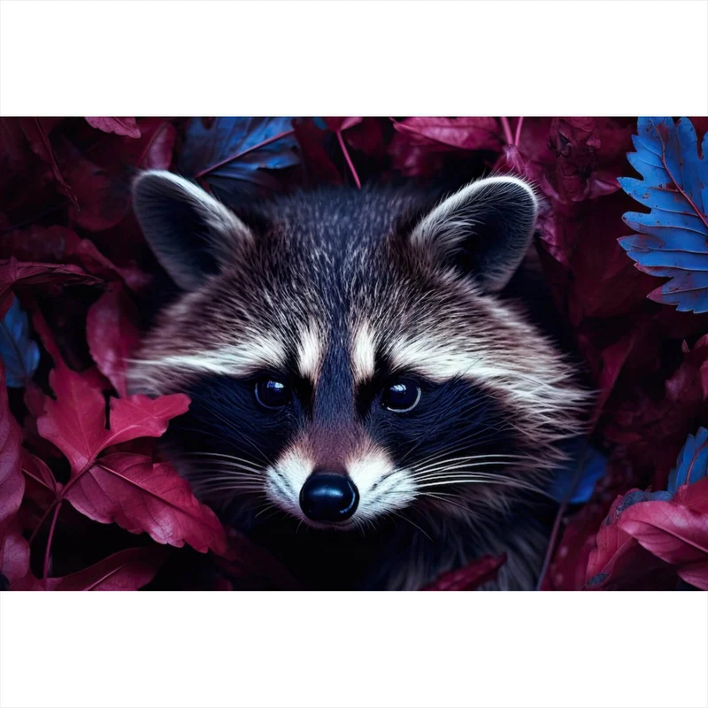 Spannrahmenbild Waschbär zwischen Blättern Querformat