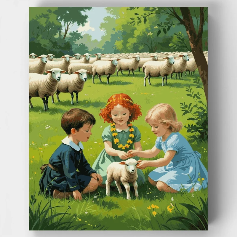 Children with Lamb in Pastoral Meadow - Paint by Numbers Kit