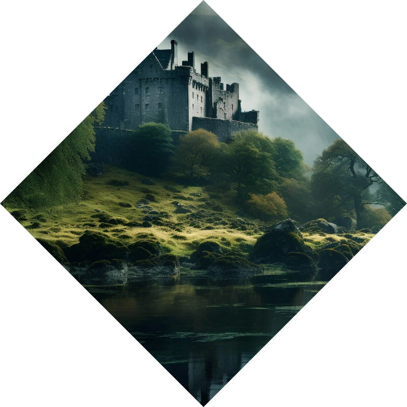 Poster Mystische Burg im Nebel Raute