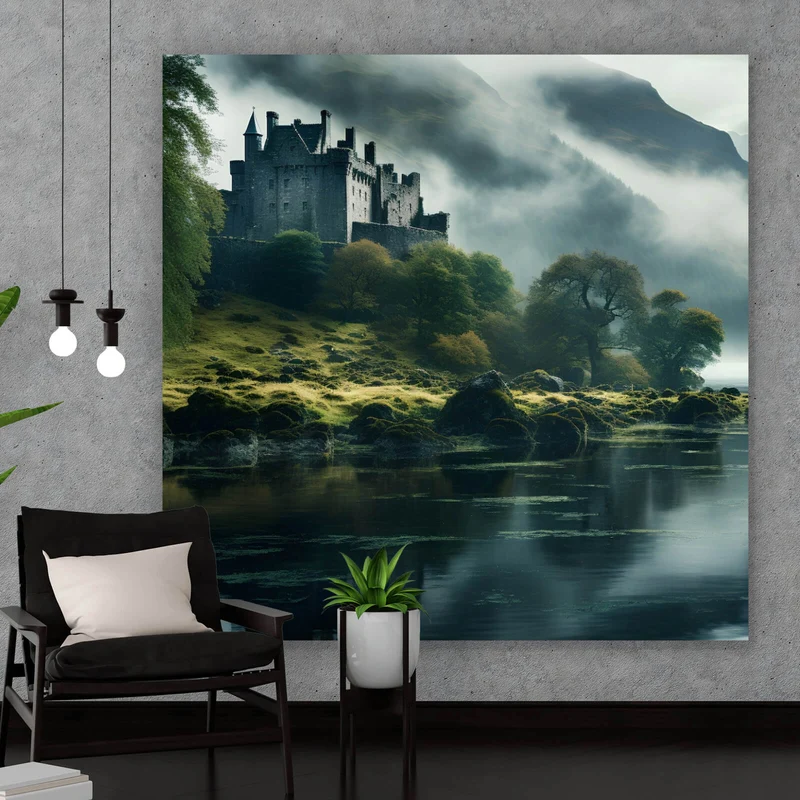 Acrylglasbild Mystische Burg im Nebel Quadrat