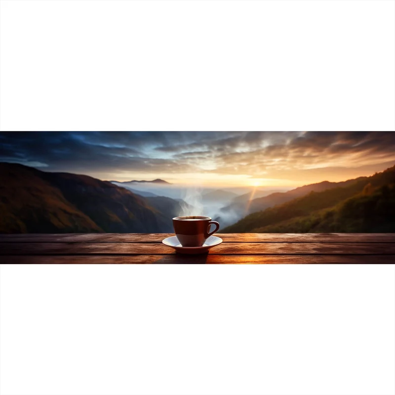 Aluminiumbild Entspannte Berglandschaft mit Kaffee am Morgen Panorama
