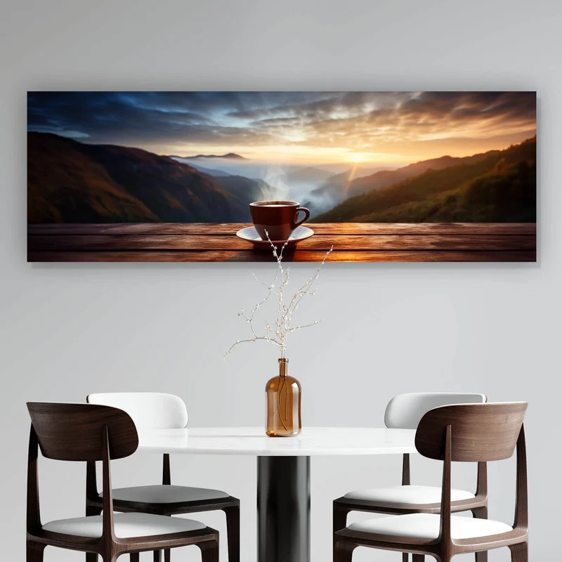 Leinwandbild Entspannte Berglandschaft mit Kaffee am Morgen Panorama