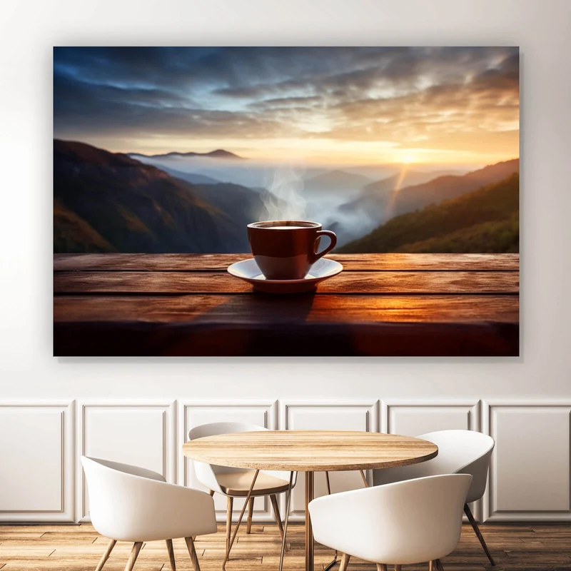 Aluminiumbild gebürstet Entspannte Berglandschaft mit Kaffee am Morgen Querformat