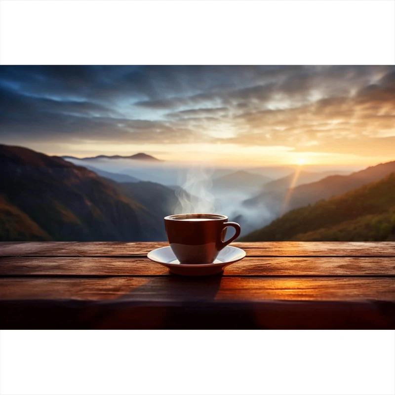 Aluminiumbild gebürstet Entspannte Berglandschaft mit Kaffee am Morgen Querformat