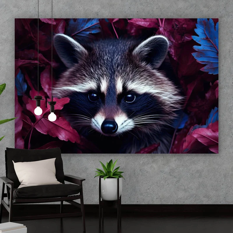 Poster Waschbär zwischen Blättern Querformat
