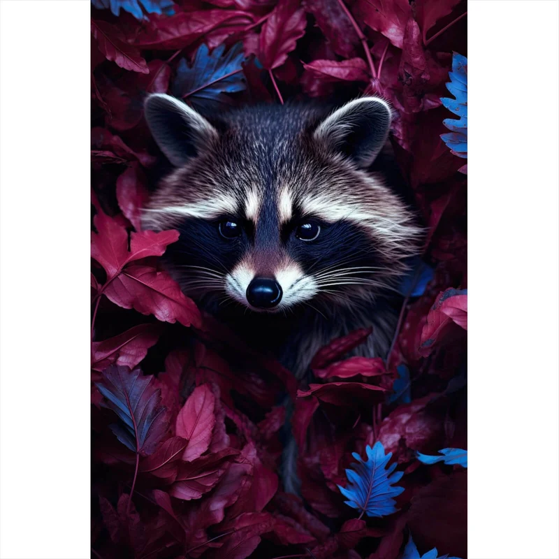 Aluminiumbild gebürstet Waschbär zwischen Blättern Hochformat