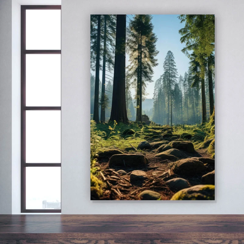 Spannrahmenbild Beeindruckender Wald mit Bäumen in der Sonne Hochformat