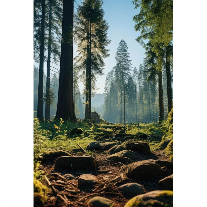 Aluminiumbild gebürstet Beeindruckender Wald mit Bäumen in der Sonne Hochformat