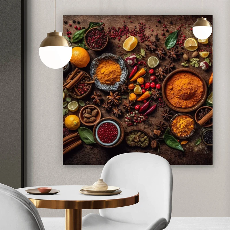 Acrylglasbild Exotische Gewürze auf rustikalem Holztisch Quadrat