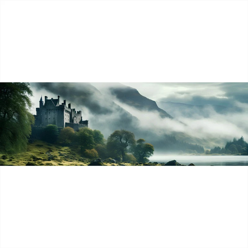 Spannrahmenbild Mystische Burg im Nebel Panorama
