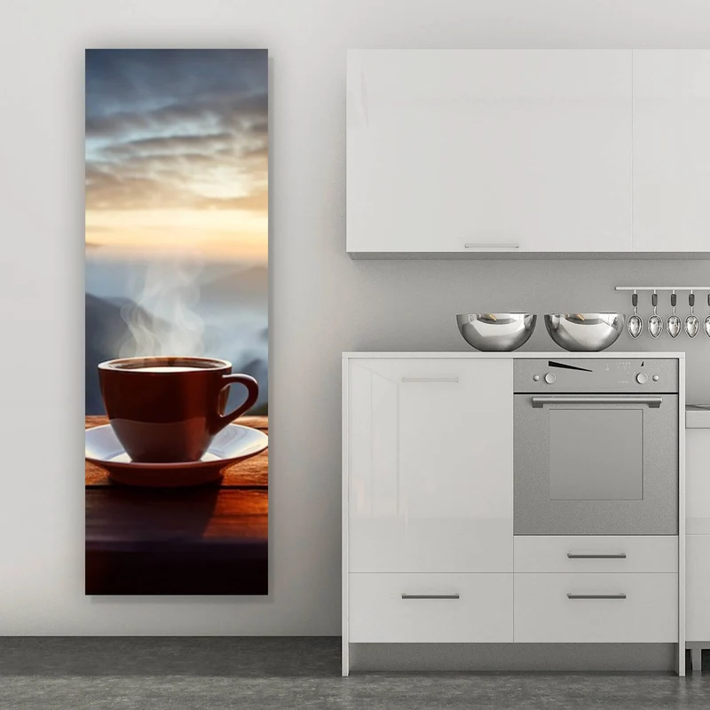 Acrylglasbild Entspannte Berglandschaft mit Kaffee am Morgen Panorama Hoch