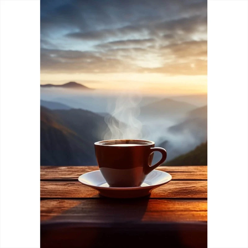 Spannrahmenbild Entspannte Berglandschaft mit Kaffee am Morgen Hochformat
