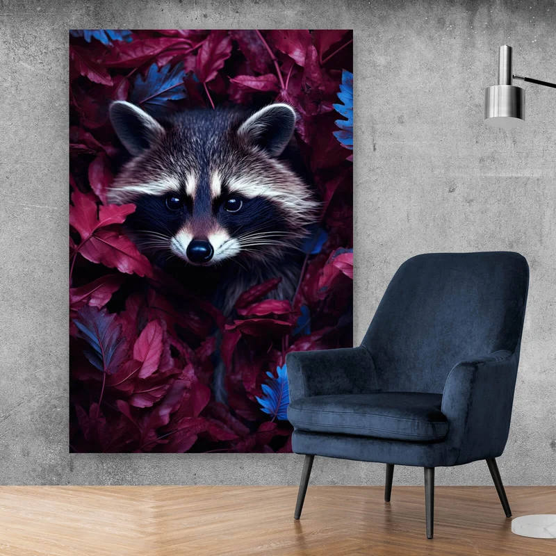 Poster Waschbär zwischen Blättern Hochformat
