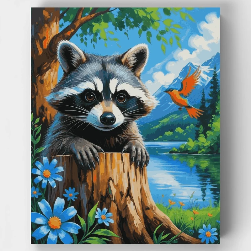 Raccoon Peeking Over Tree Stump - Paint by Numbers Kit