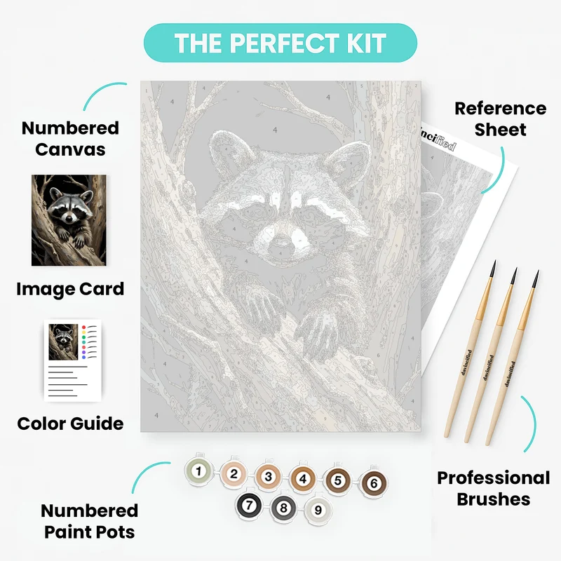 Curious Raccoon in Tree Hollow - Paint by Numbers Kit