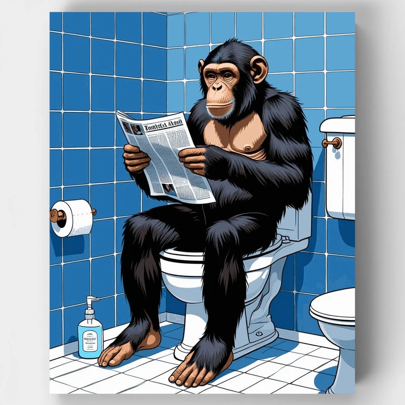Chimpanzee Reading Newspaper in Bathroom - Paint by Numbers Kit