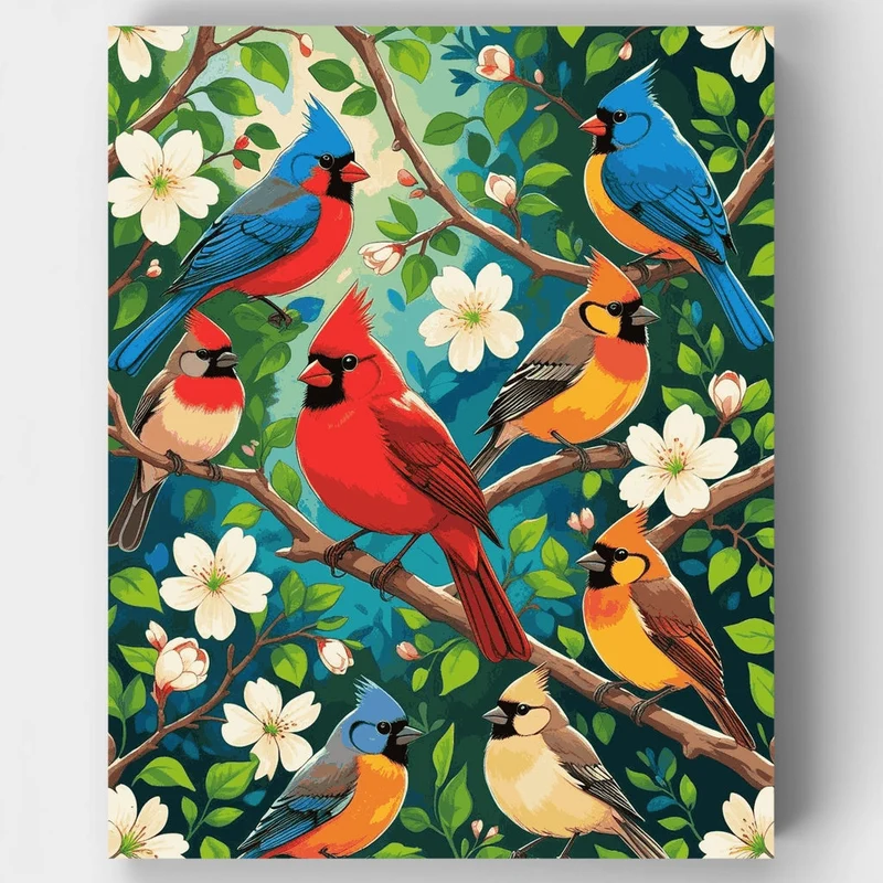 Vibrant Songbirds in Blooming Branches - Paint by Numbers Kit