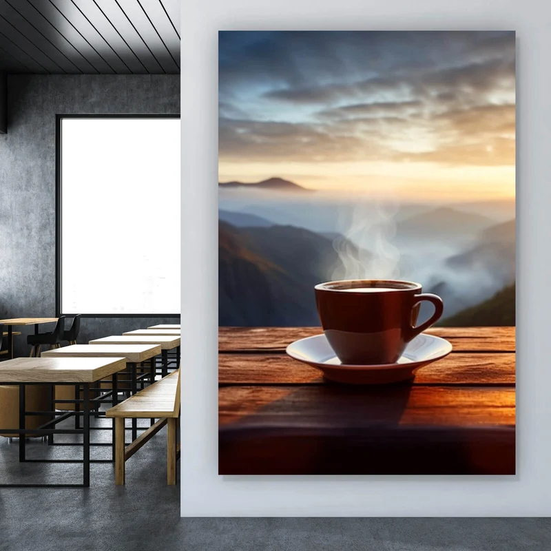 Poster Entspannte Berglandschaft mit Kaffee am Morgen Hochformat