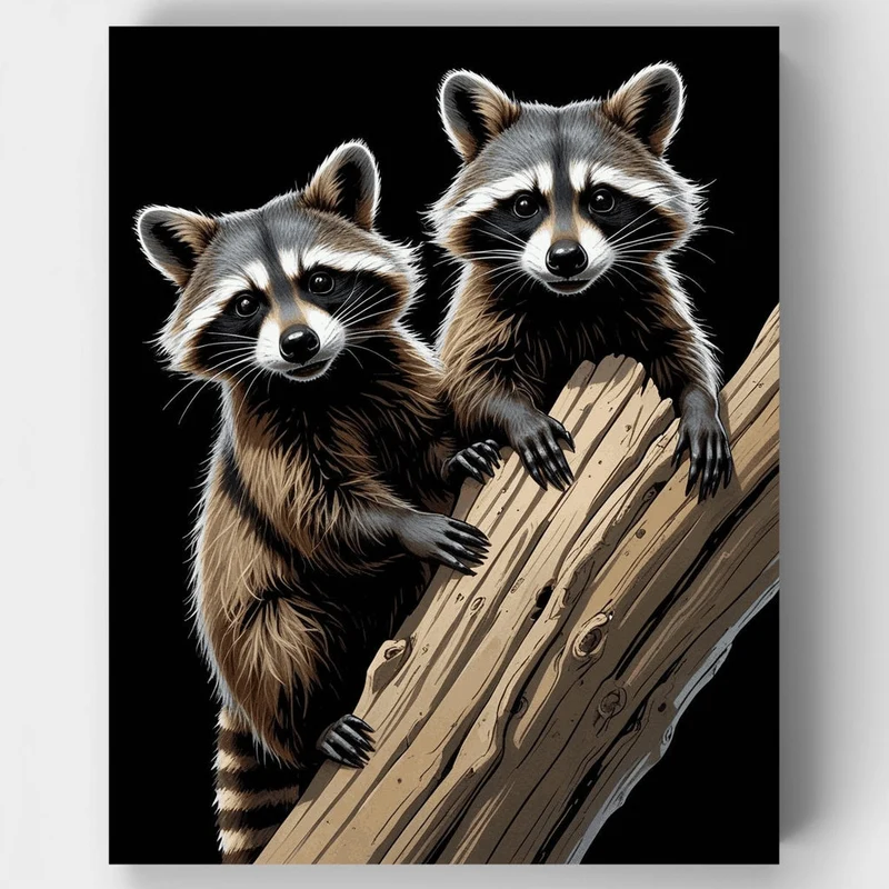 Two Raccoons on Tree Branch - Paint by Numbers Kit