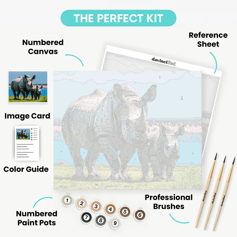 Rhinoceros Mother and Baby by Flamingo Lake - Paint by Numbers Kit