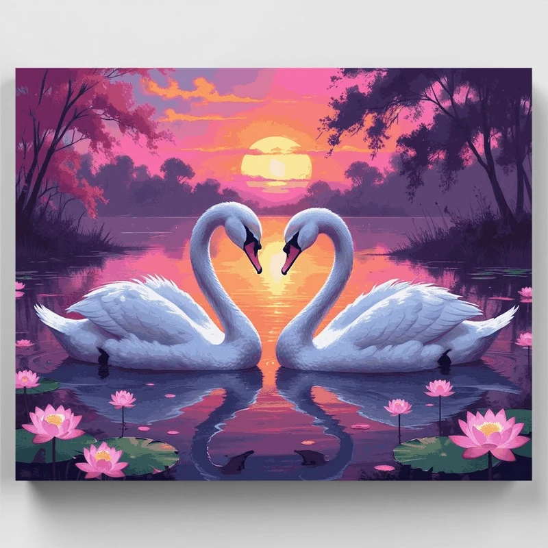 Romantic Swans on Tranquil Lake at Sunset - Paint by Numbers Kit