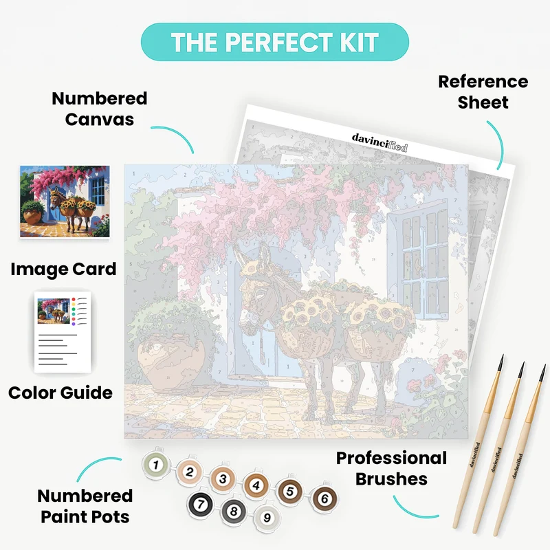 Donkey with Sunflowers in Mediterranean Courtyard - Paint by Numbers Kit