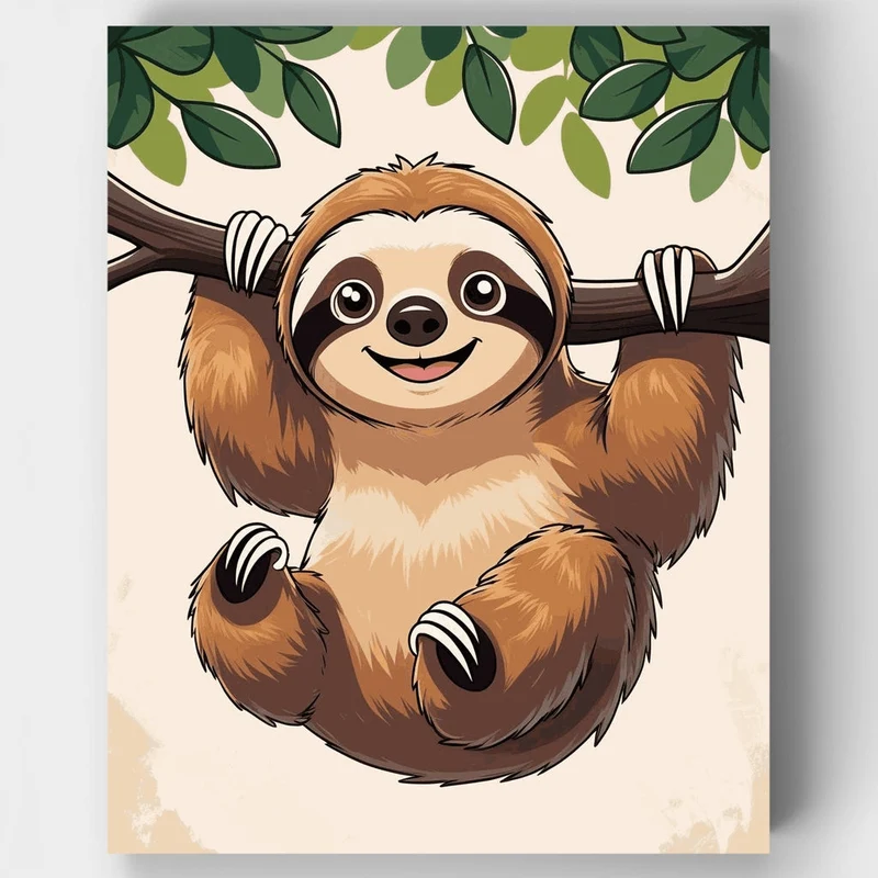 Cheerful Sloth Hanging from Tree Branch - Paint by Numbers Kit