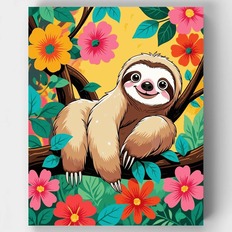 Happy Sloth in Tropical Flowers - Paint by Numbers Kit