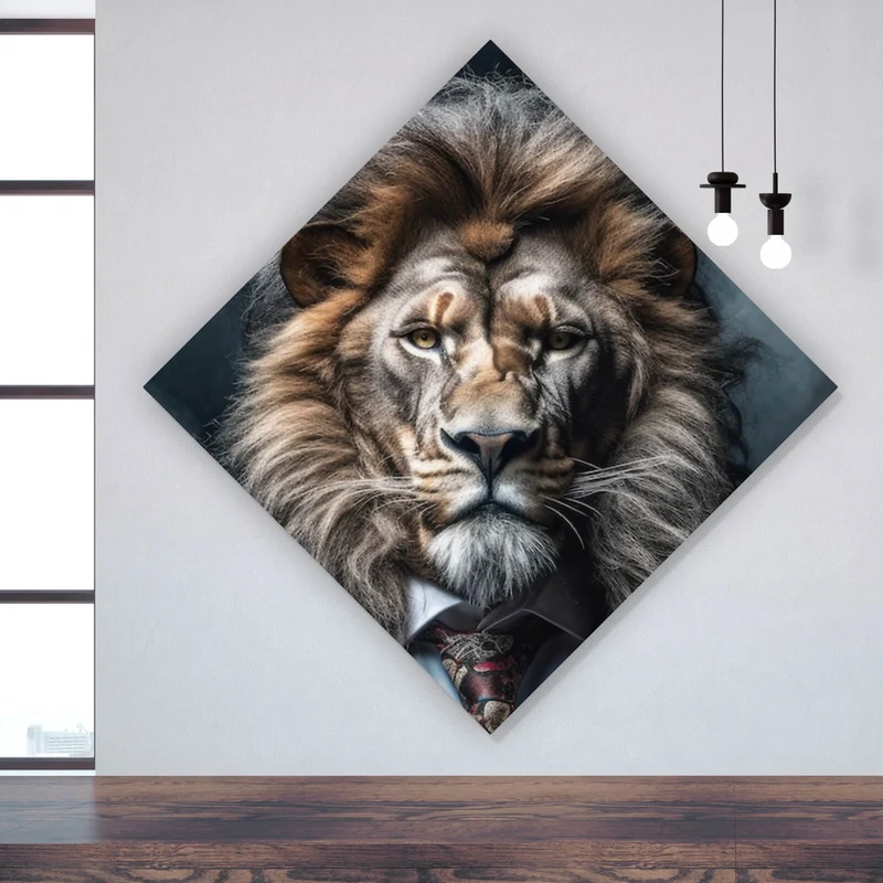 Acrylglasbild Edles Löwenporträt im eleganten Anzug Raute