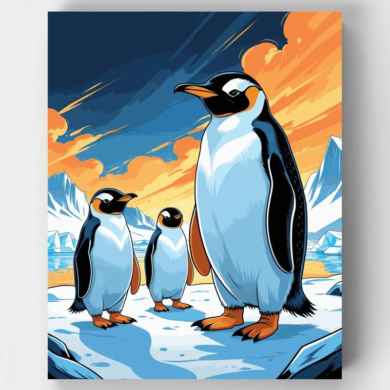 Penguin Trio at Golden Sunset - Paint by Numbers Kit