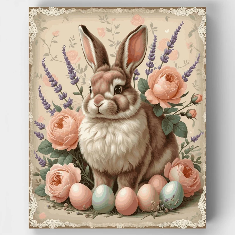 Easter Bunny with Roses and Eggs - Paint by Numbers Kit