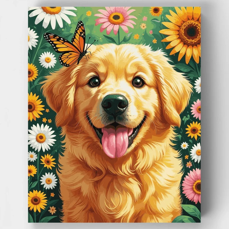 Golden Retriever in Flower Garden - Paint by Numbers Kit