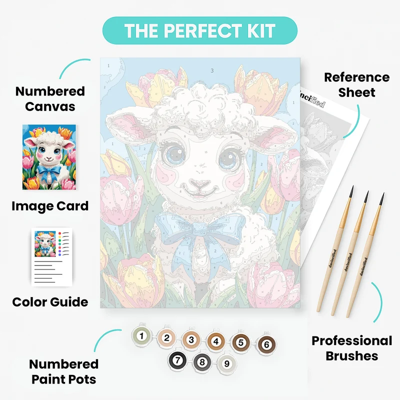 Adorable Lamb with Tulips - Paint by Numbers Kit