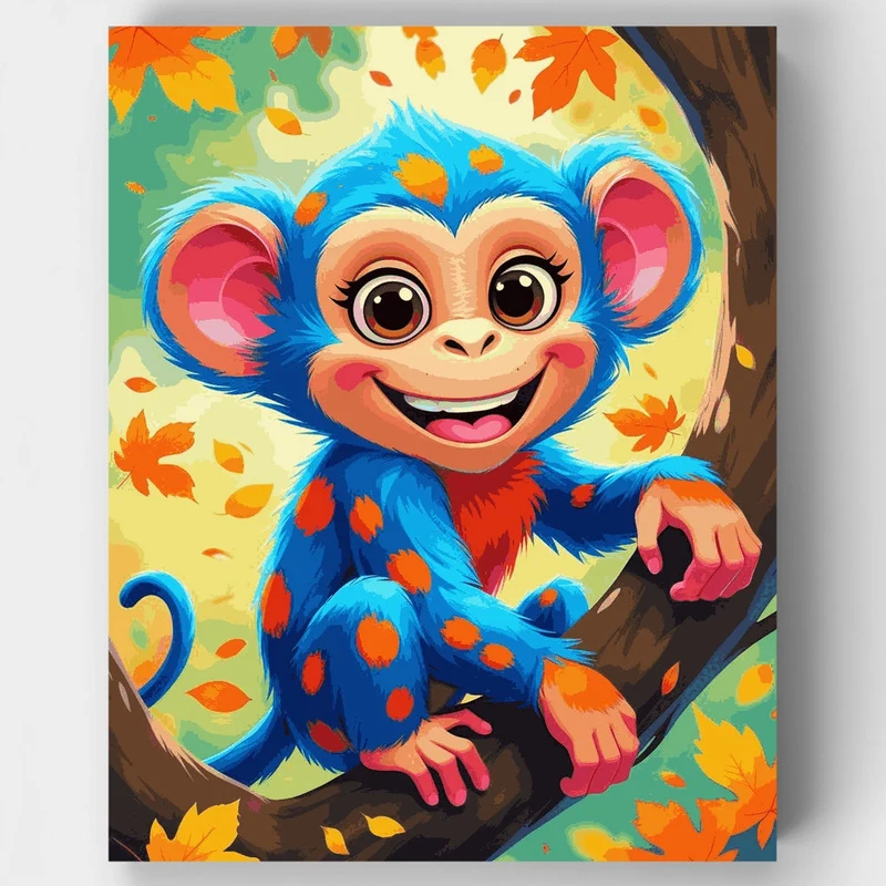 Cheerful Blue Monkey in Autumn Tree - Paint by Numbers Kit