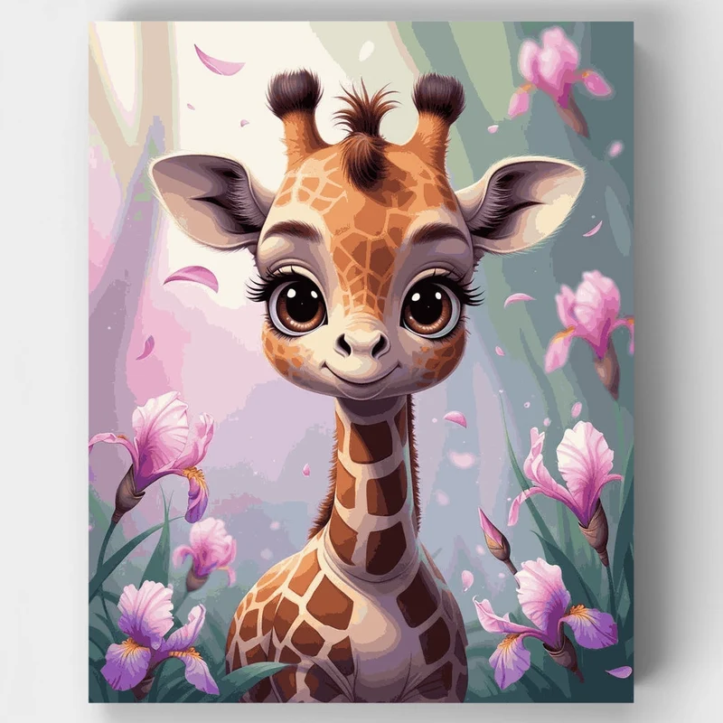 Adorable Baby Giraffe with Purple Flowers - Paint by Numbers Kit