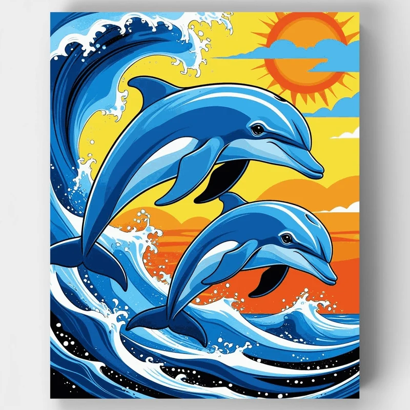 Dolphins Leaping Through Ocean Waves - Paint by Numbers Kit