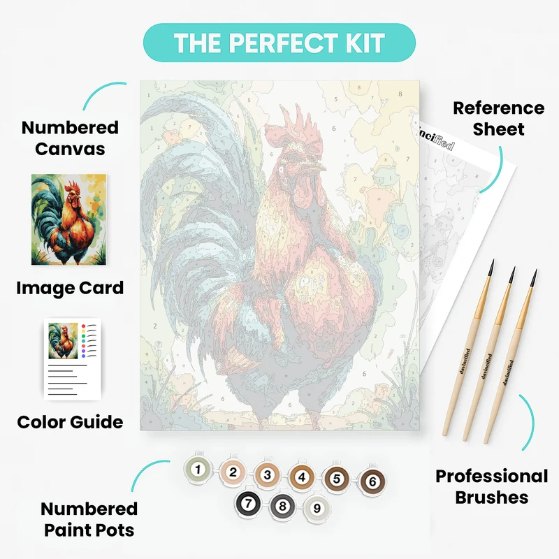 Watercolor Rooster with Teal Tail Feathers - Paint by Numbers Kit