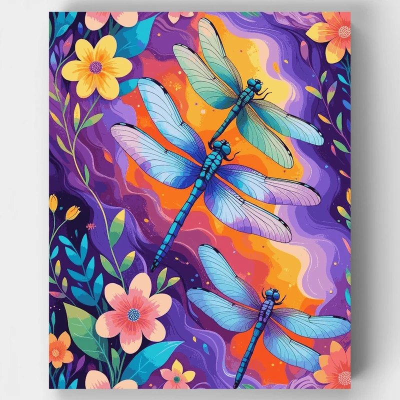 Vibrant Dragonflies in Purple Garden - Paint by Numbers Kit