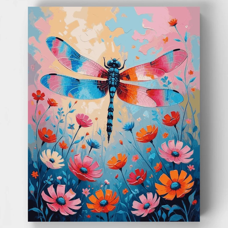 Vibrant Dragonfly in Blooming Garden - Paint by Numbers Kit