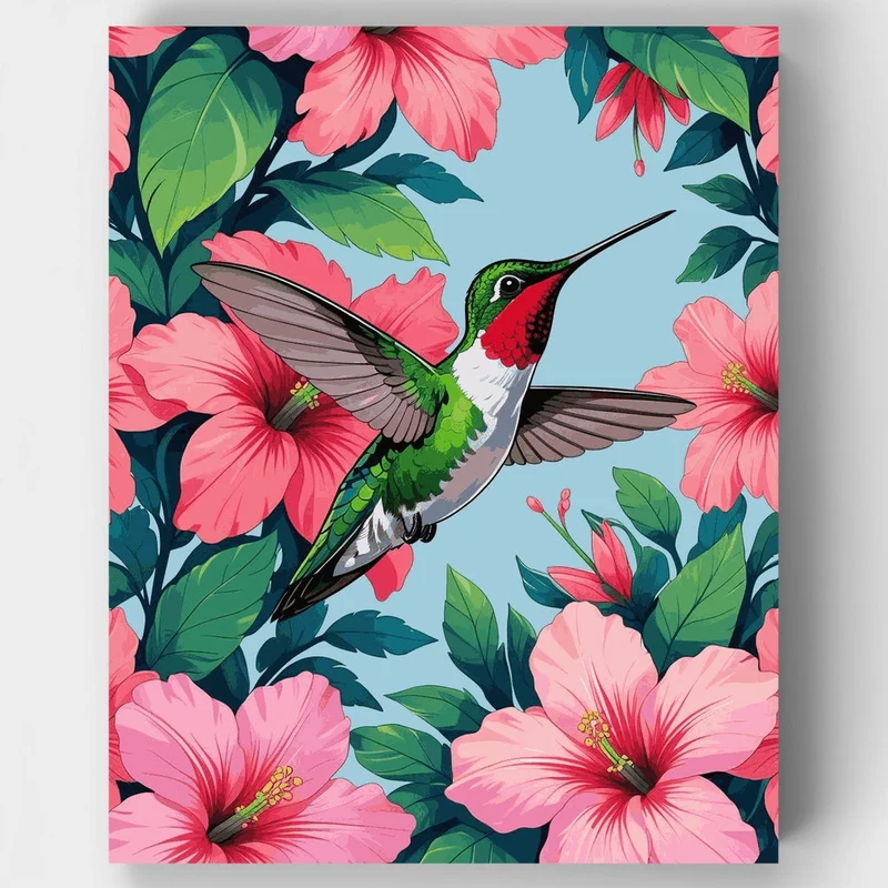 Hummingbird with Pink Hibiscus Flowers - Paint by Numbers Kit